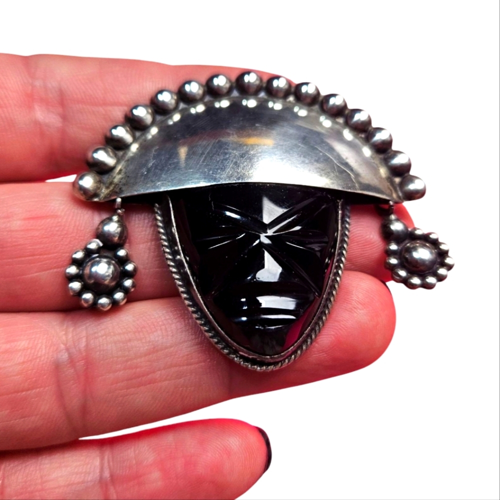 Sterling Silver Carved Mayan Aztec Face Vintage Silver and Black Brooch